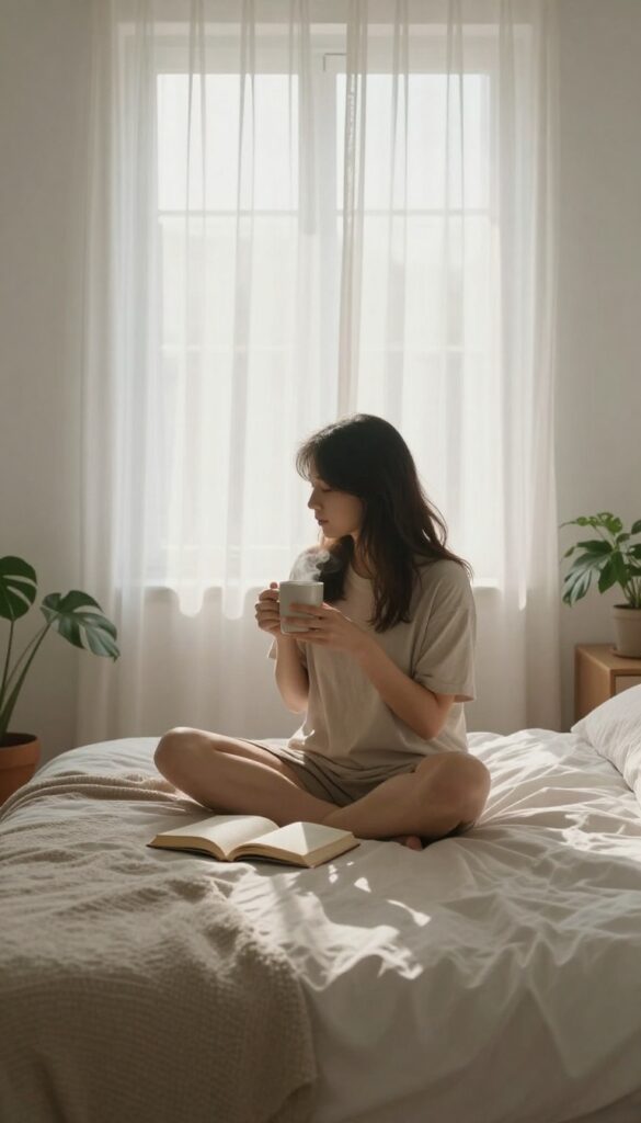 A person enjoying a screen-free morning with coffee and a book in a calm, sunlit bedroom.