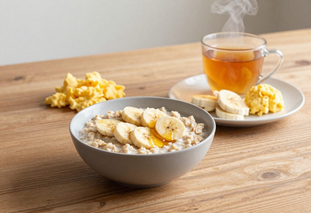 Cozy senior breakfast with oatmeal, scrambled eggs, and tea on a wooden table