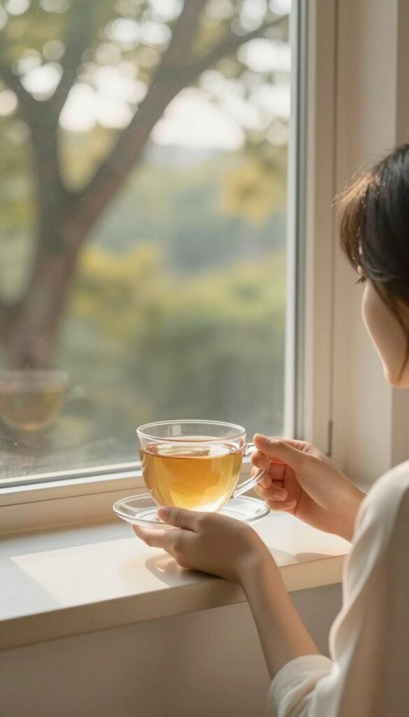 Person taking a screen-free break by a window, looking outside peacefully
