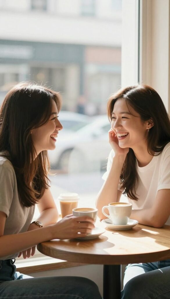 Two friends laughing together at a cozy coffee shop