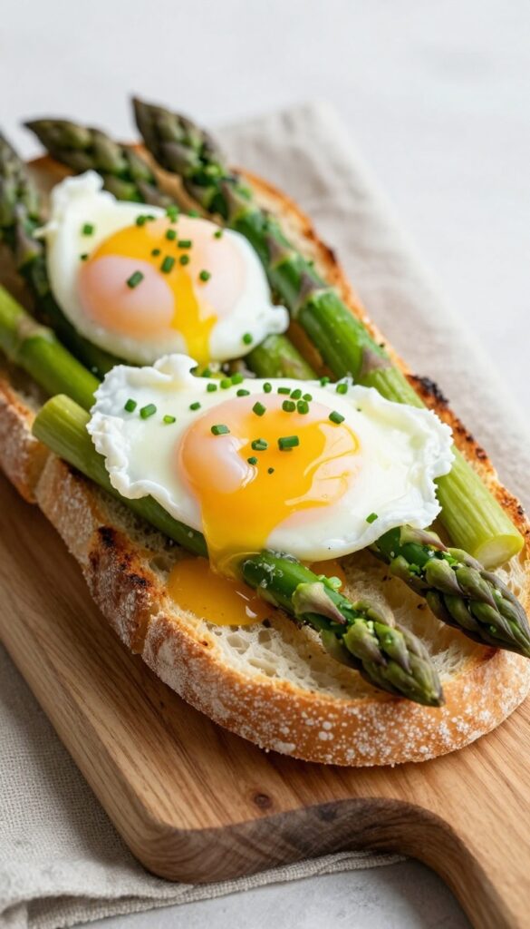 Poached egg and asparagus on toasted ciabatta bread, runny yolk, fresh chives, natural light, wooden board