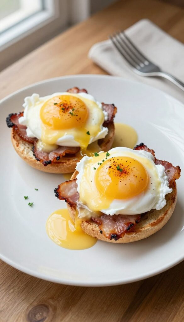 Classic Eggs Benedict with runny yolk and hollandaise on toasted English muffin and Canadian bacon, plated on a white dish with natural light.