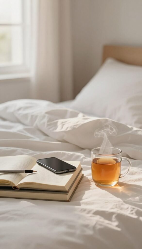 A cozy bedroom scene with a digital curfew in practice, phone face down, books and journal ready, soft lamp light.