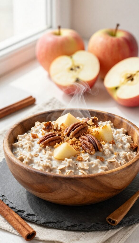 Bowl of apple cinnamon oatmeal with brown sugar crunch topping