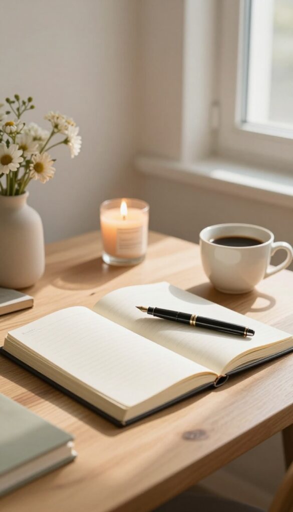 Cozy desk with notebook, pen, coffee, candle, and flowers in soft morning light