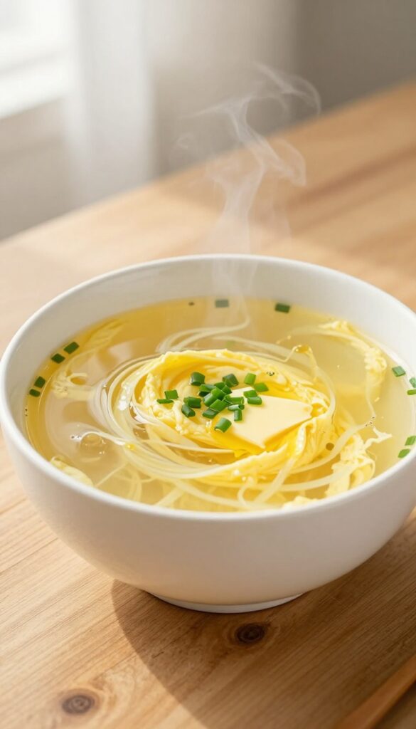 Bowl of egg drop soup with bone broth, egg ribbons, and chives