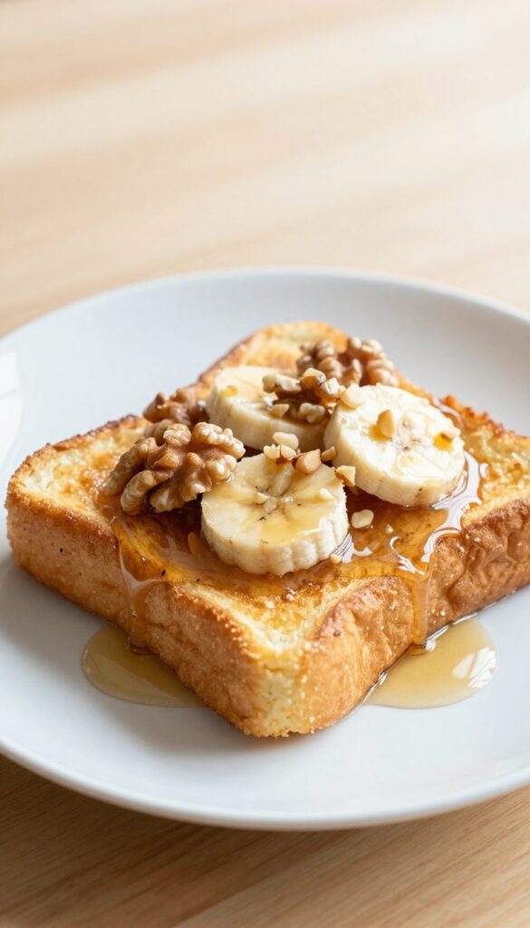 Golden brown French toast topped with sliced bananas, walnuts, and maple syrup on a white plate