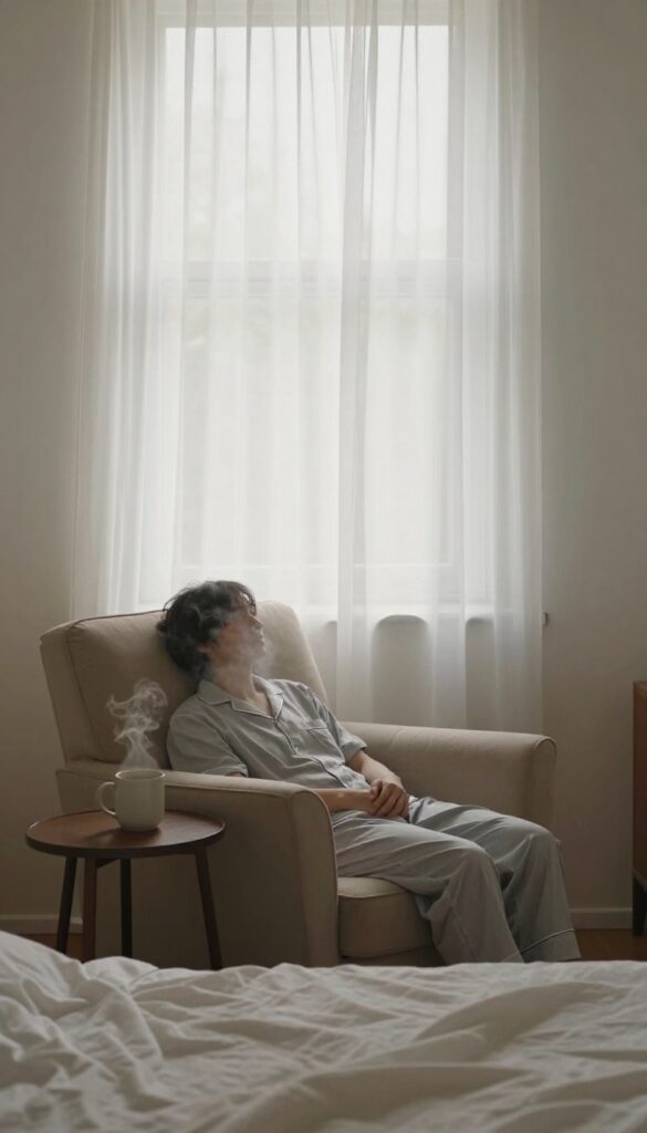 Person sitting in a cozy armchair by a window in the morning, enjoying a quiet moment with a warm drink, soft sunlight, peaceful self-care routine.