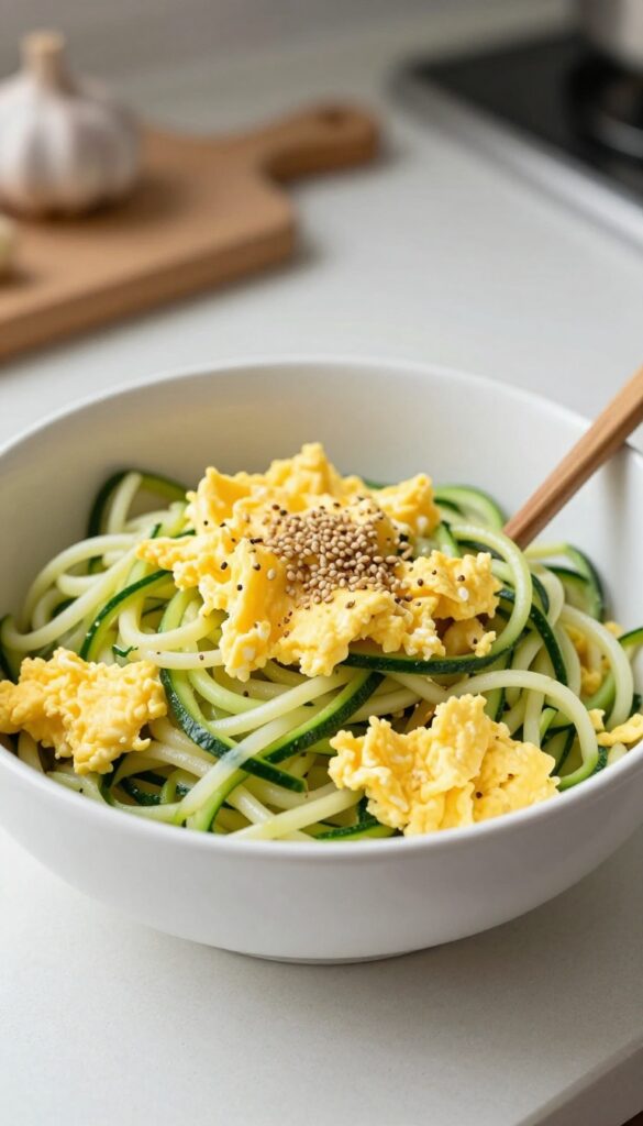 Bowl of zucchini noodle stir-fry with scrambled eggs and sesame seeds