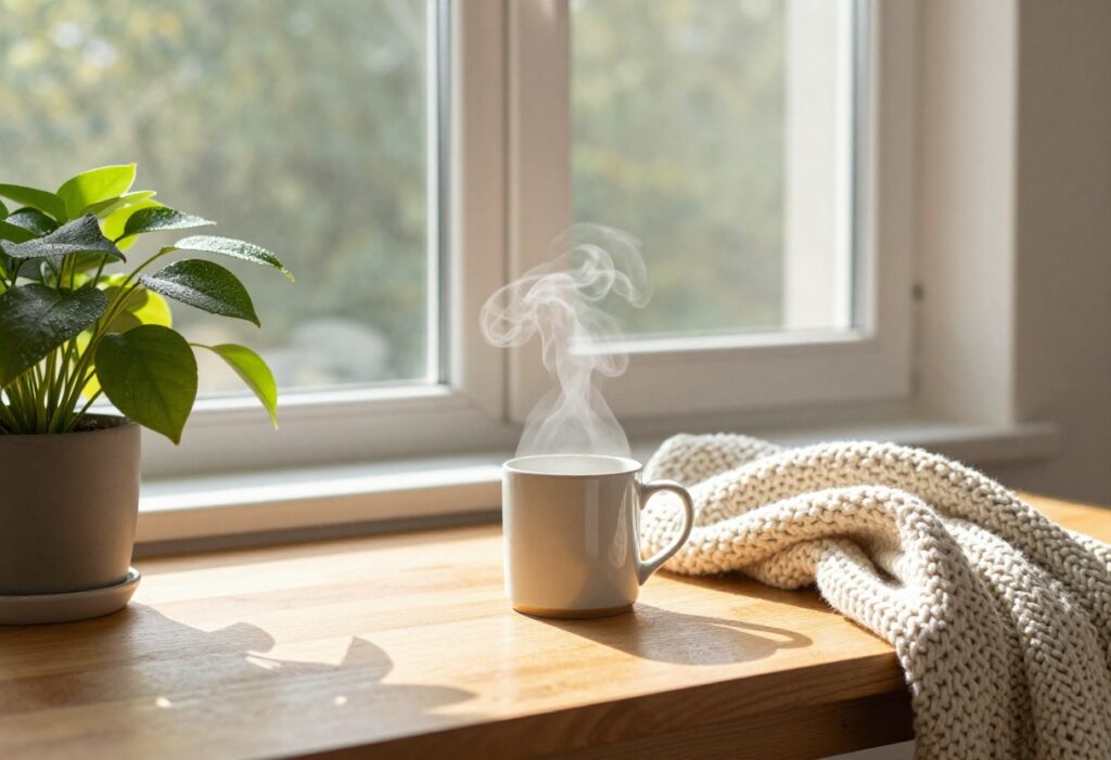 Peaceful morning setup with a mug of tea, soft sunlight, and a cozy home atmosphere