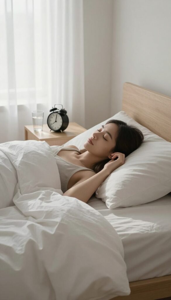 Woman waking up peacefully without phone, minimal bedroom decor