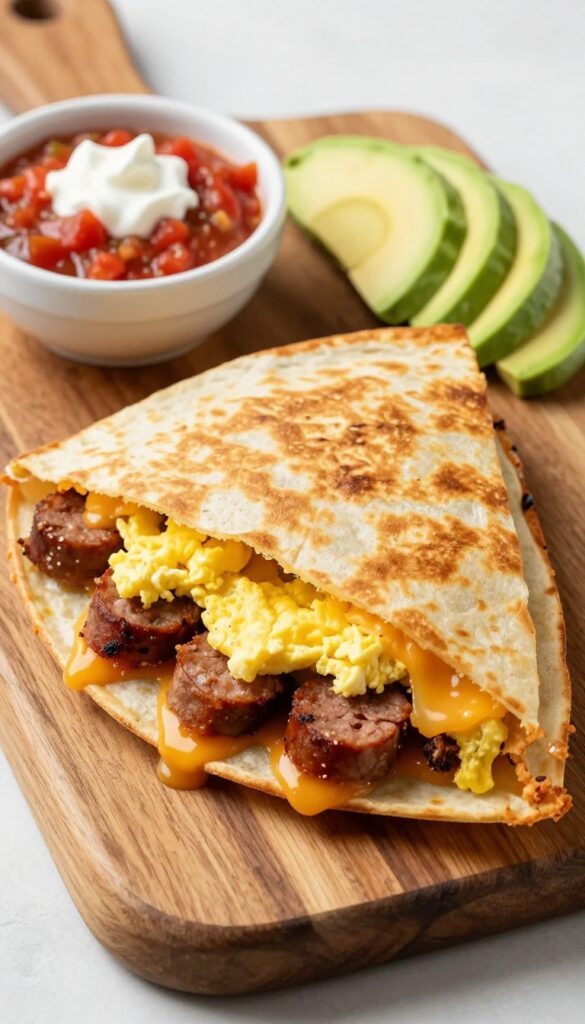 Sausage and egg breakfast quesadilla with salsa, sour cream, and avocado