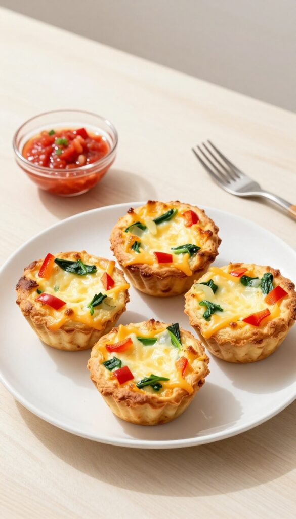 Cheesy egg muffins on a plate with salsa, bright morning light, overhead view.