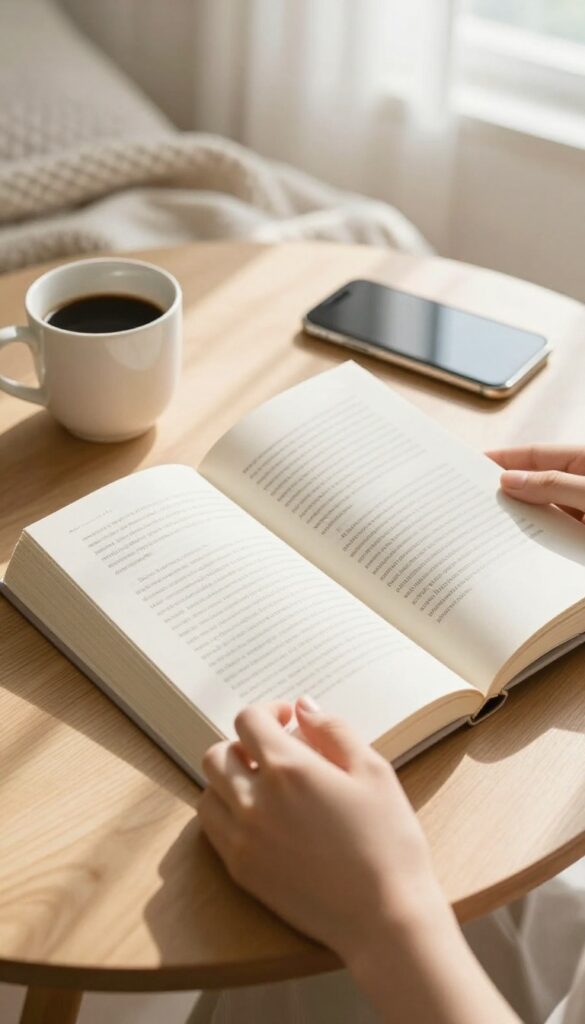 Hands holding a book on a table with a coffee cup, smartphone face down in background, bright natural light