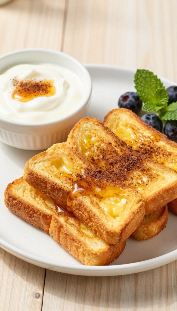 Golden French toast sticks with vanilla yogurt dip, cinnamon, and berries on a wooden table.