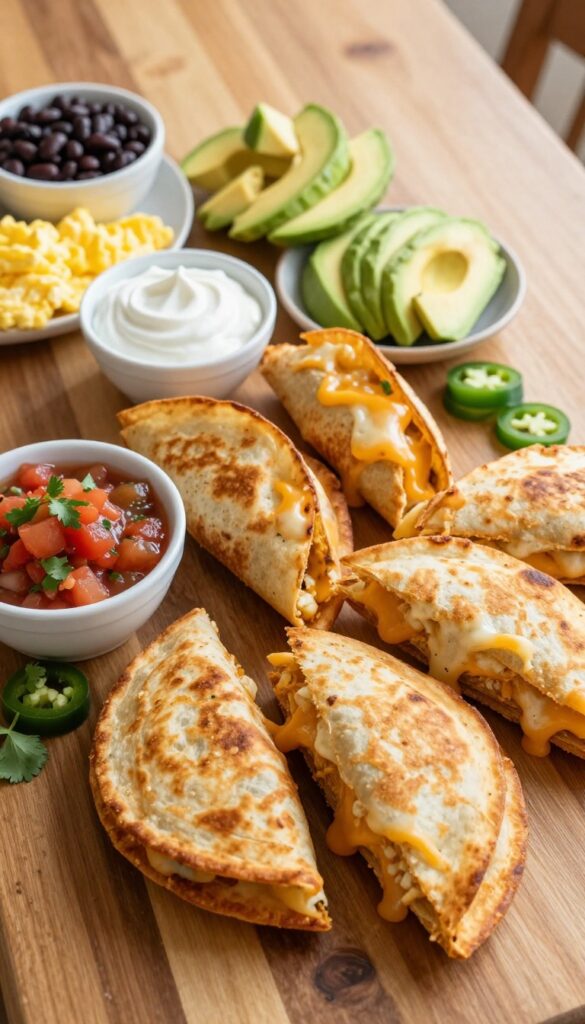 Breakfast quesadilla station with quesadilla wedges, salsa, avocado, and sour cream.