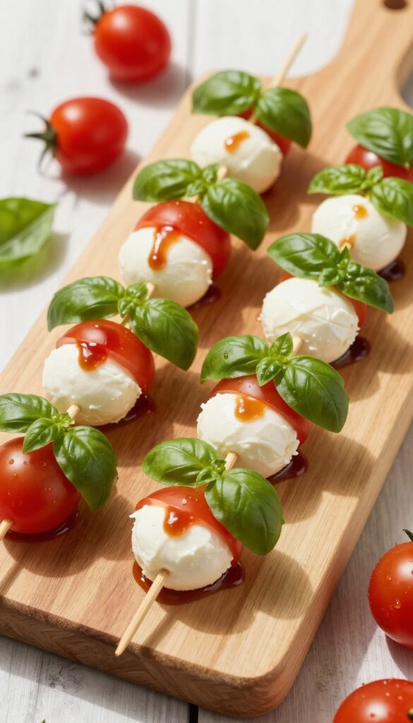 Caprese Breakfast Skewers with cherry tomatoes, mozzarella, and basil drizzled with balsamic glaze on a wooden picnic table.