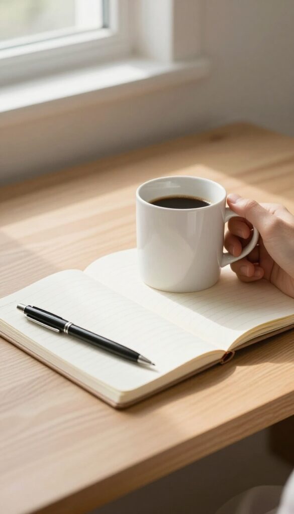 A person holding a coffee mug with a gratitude journal on a bedside table in soft morning light