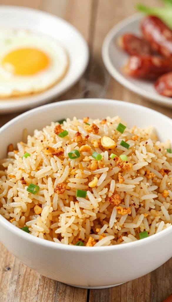 Bowl of Filipino garlic fried rice with crispy garlic and green onions, with egg and longganisa in background