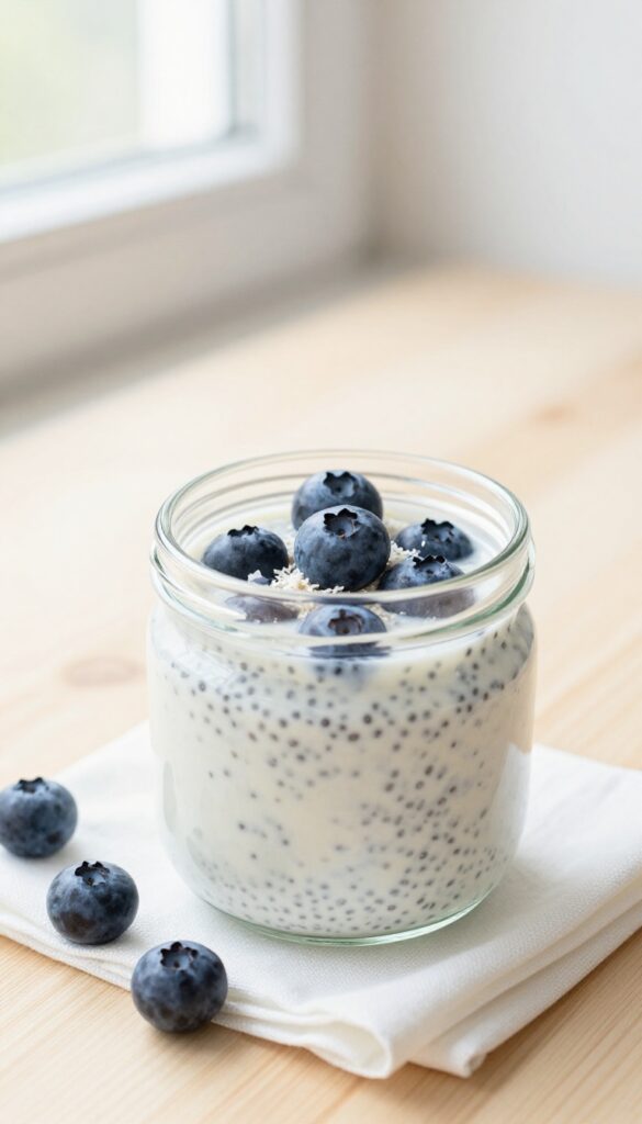 Coconut blueberry chia pudding in a glass jar on a wooden table