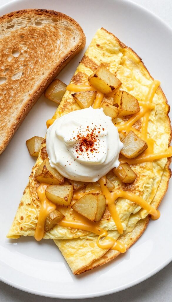 Potato and cheese stuffed omelette on a plate with sour cream and toast