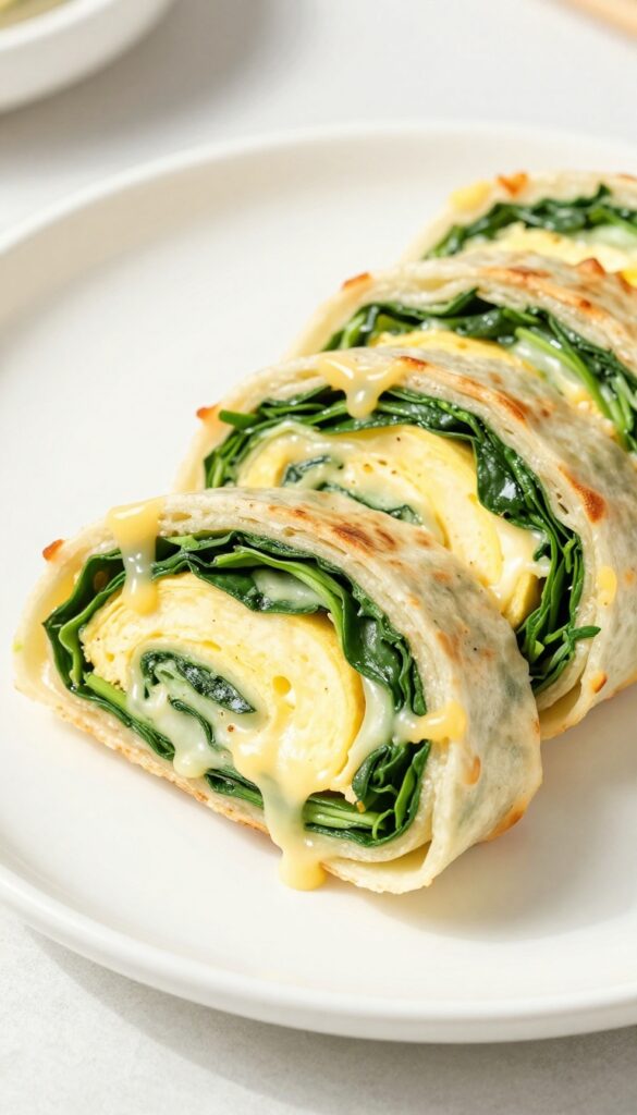 Cheesy spinach and egg wrap pinwheels on a white plate