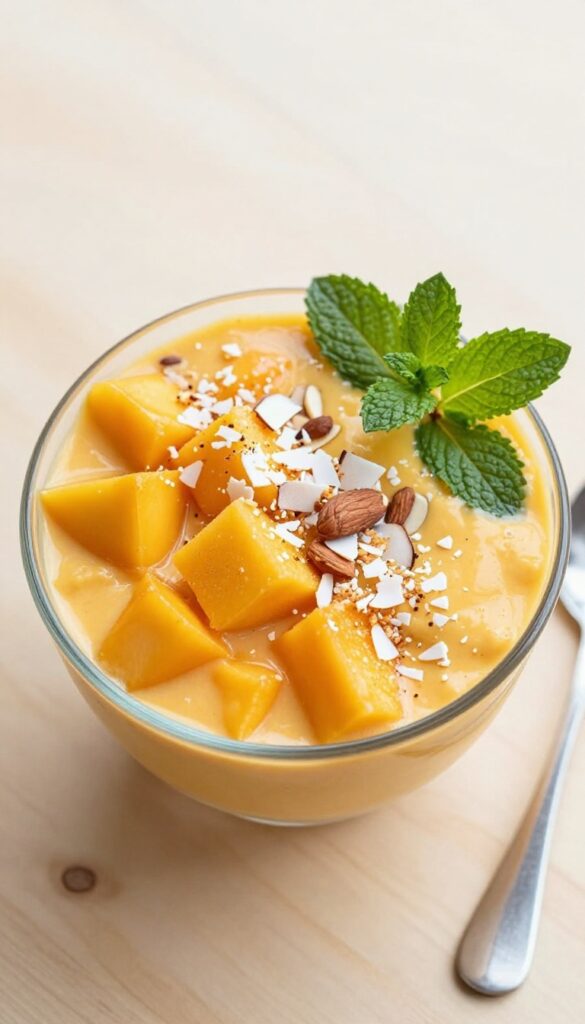 Mango lassi smoothie bowl with coconut flakes, almonds, and mint on a wooden table