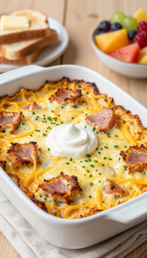 Golden brown hashbrown and ham breakfast casserole with melted cheese, chives, and sour cream, served with toast and fruit salad.