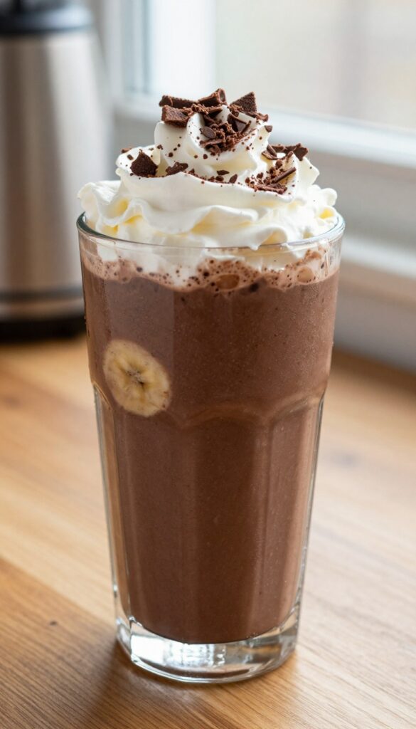 Chocolate banana smoothie in a glass with whipped cream and chocolate shavings