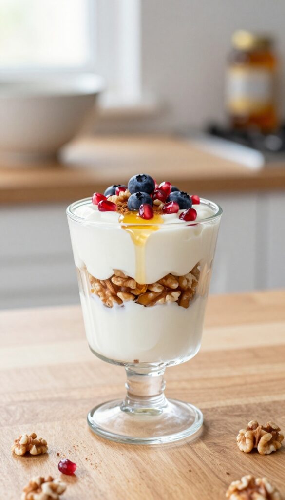 Baklava-inspired yogurt parfait with Greek yogurt, walnuts, honey, cinnamon, and pomegranate seeds in a glass cup on a wooden table.