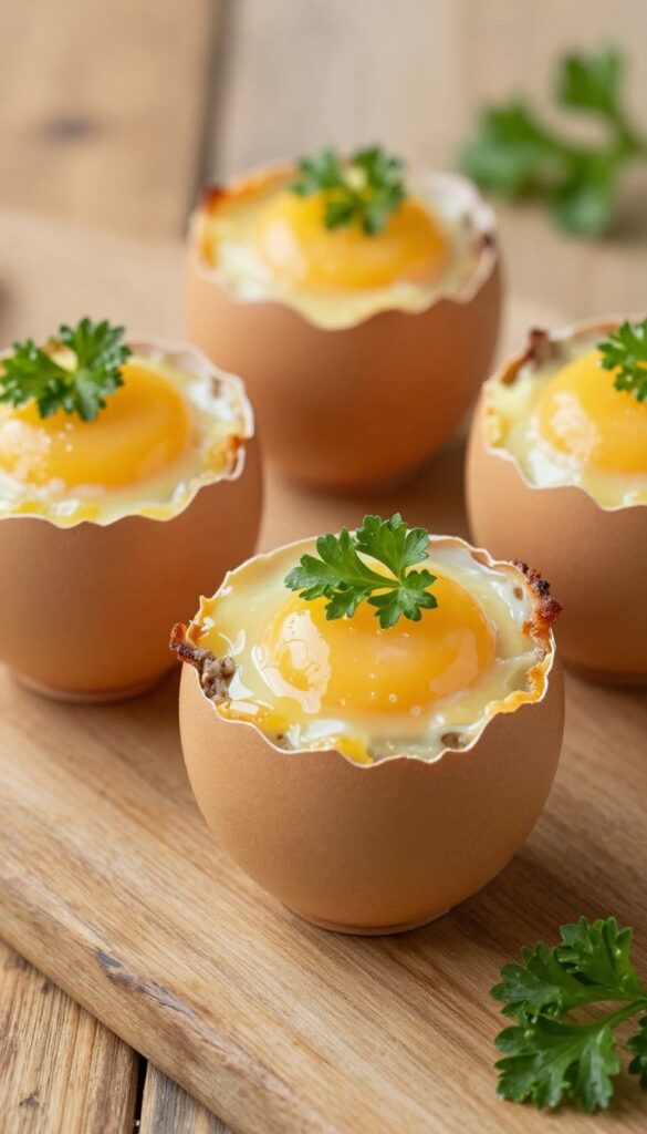 Ground lamb and egg cups baked in a muffin tin with runny yolks and parsley garnish on a wooden table.