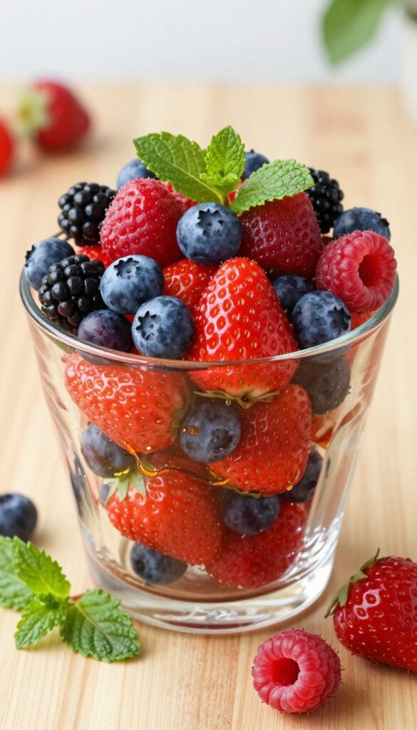 Fresh berry and mint fruit salad in a glass bowl on a wooden table