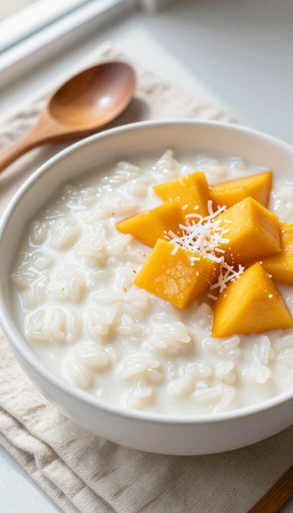 Coconut rice pudding with mango in a white bowl
