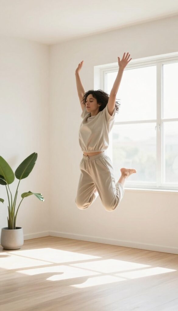 Person doing jumping jacks in a bright living room for a quick energy reset