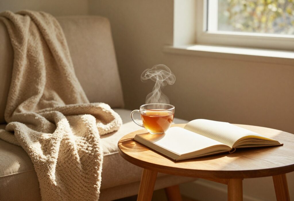 Cozy self-care Sunday setup with tea, blanket, and journal