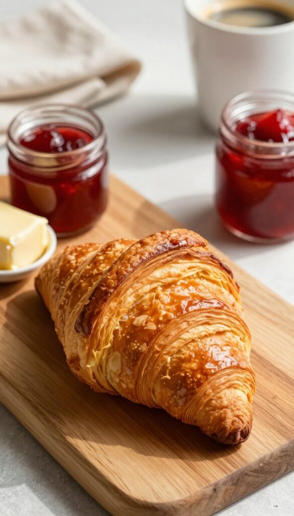 Freshly baked croissant with butter and jam on a wooden board in soft morning light.