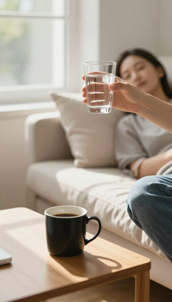 Person hydrating with water, coffee, and tea during a 24-hour fast