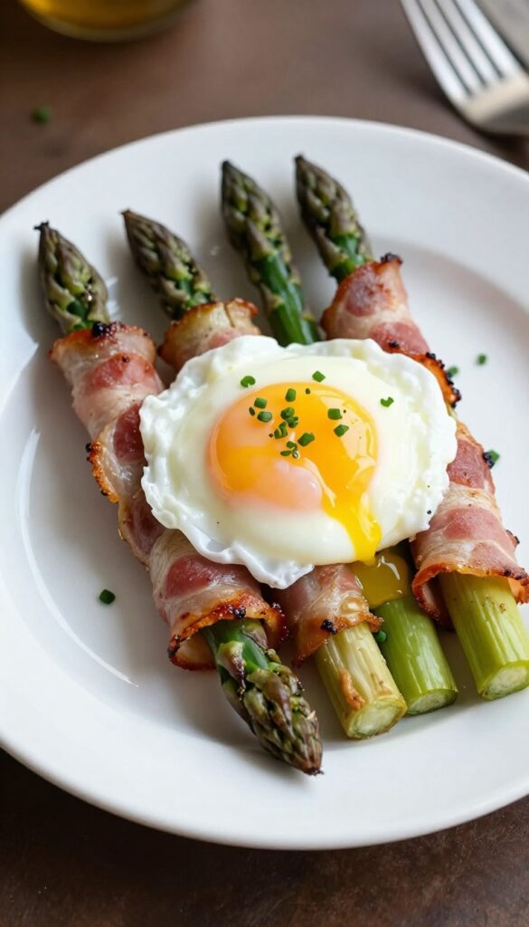 Bacon-wrapped asparagus topped with poached eggs on a white plate.
