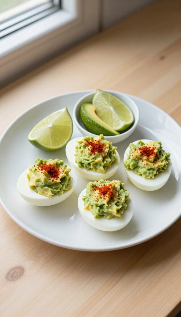 Deviled eggs with avocado filling on a white plate, garnished with paprika, with avocado and lime on the side.