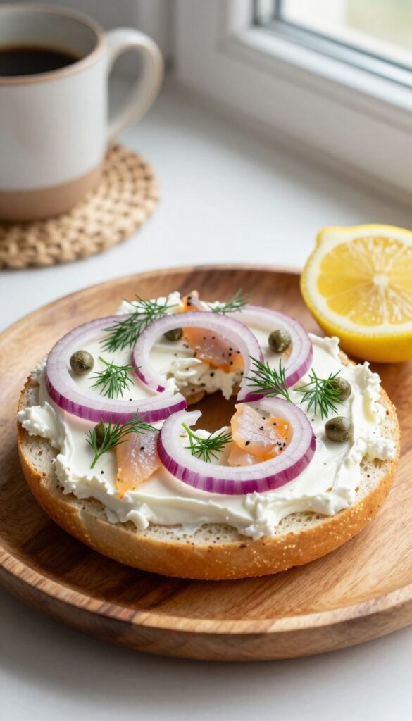 Smoked trout and cream cheese bagel with capers, red onion, and dill on a wooden plate with lemon wedge in soft morning light.
