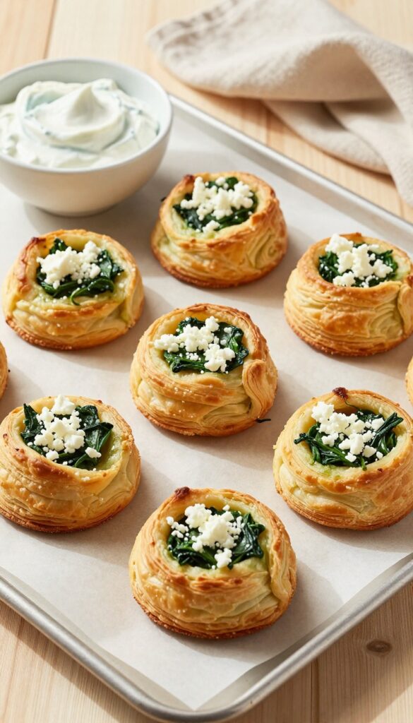 Golden puff pastry swirls with spinach and feta on a baking sheet, with tzatziki dip.