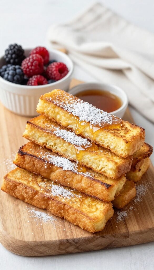 Air fryer French toast sticks on a wooden board with maple syrup and berries.