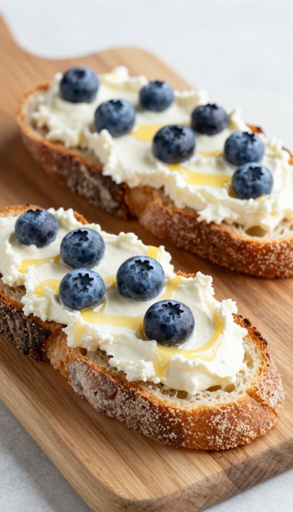 Two slices of toast with blueberry and lemon ricotta topping on a wooden board