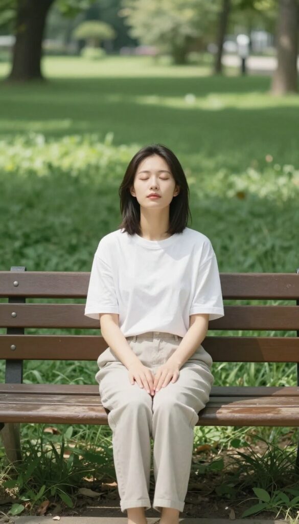 Woman sitting silently on a park bench in a sunlit garden, eyes closed, peaceful self-care moment