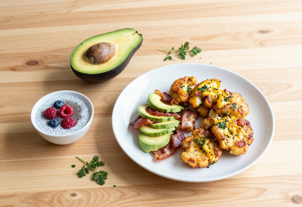 Keto breakfast spread with avocado egg cups, chia pudding, and cauliflower hash browns on a wooden table.