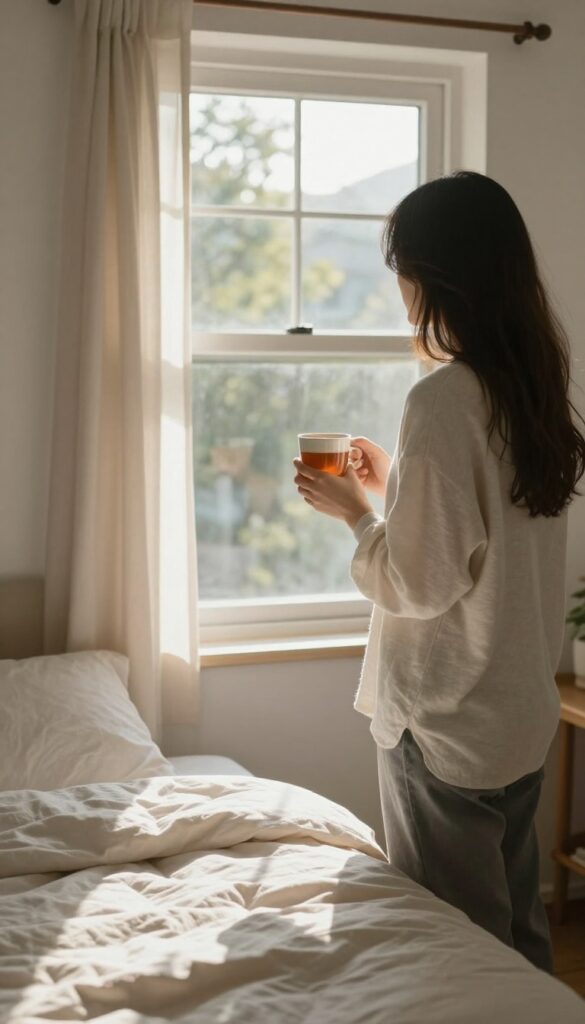 Person standing by a window with a cup of tea, looking outside, no phone, morning light, cozy bedroom