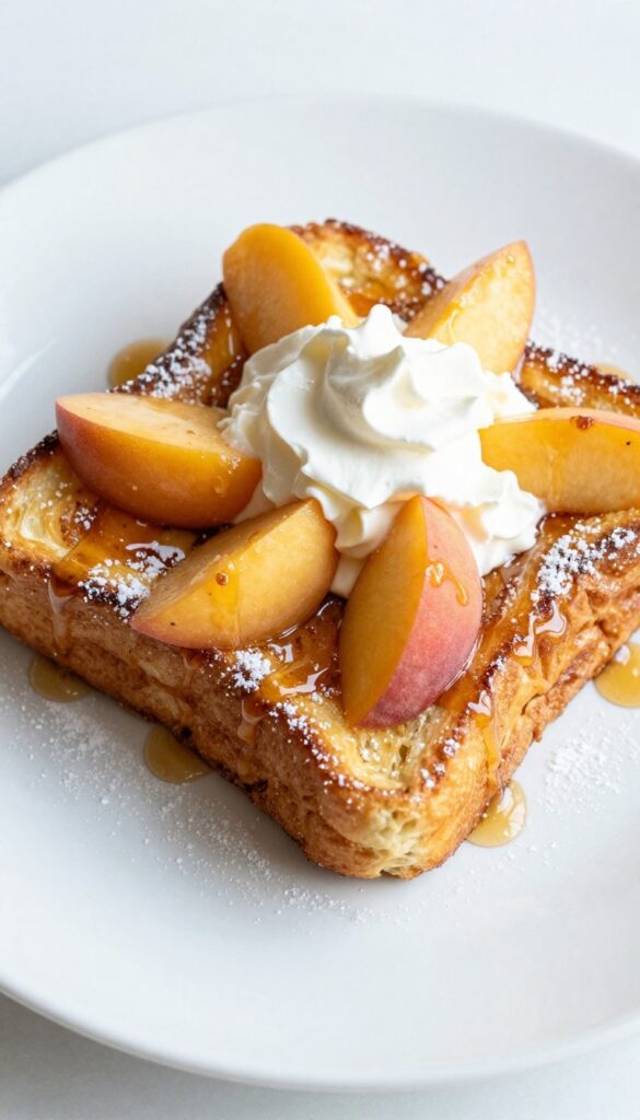Peach and mascarpone French toast on a plate with maple syrup and powdered sugar