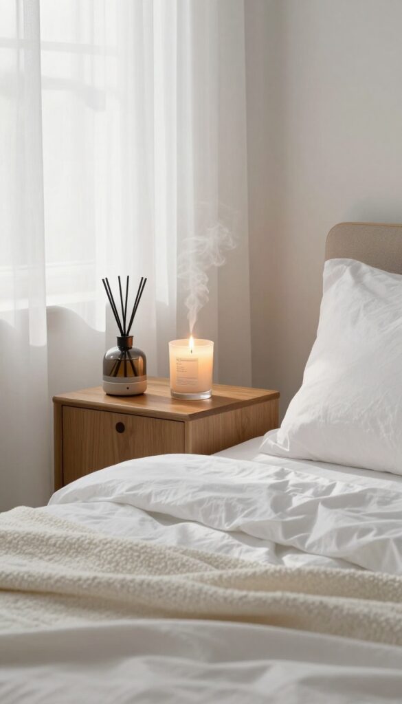 Cozy bedroom corner with a lit candle and essential oil diffuser in warm natural light