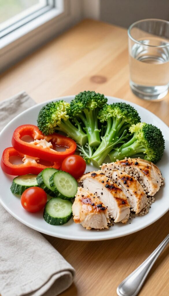 Half of a plate filled with a variety of colorful vegetables, with a small portion of chicken and quinoa on the other half, on a wooden table.
