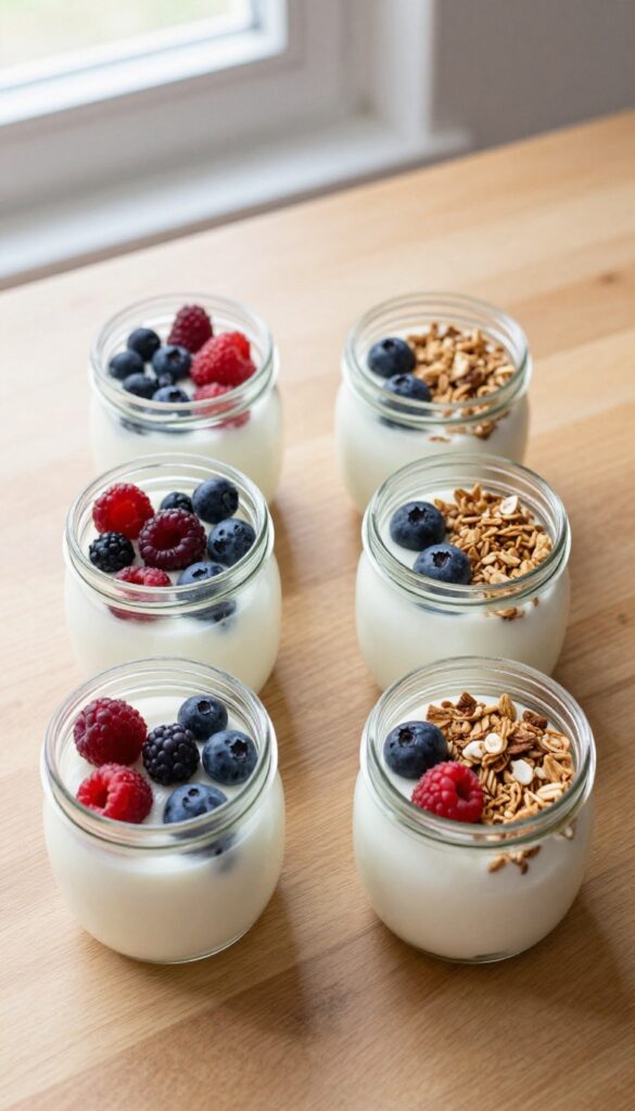 Four mason jars of Greek yogurt parfaits with berries and a separate bowl of granola on a wooden table.